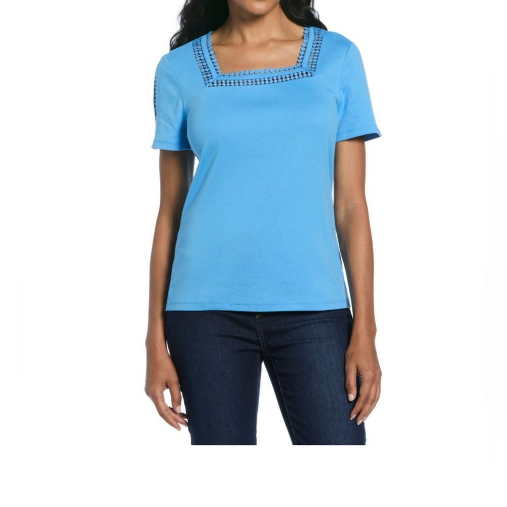 Rafaella womens Azure Blue short Sleeve square neck 100% cotton Tee Xl